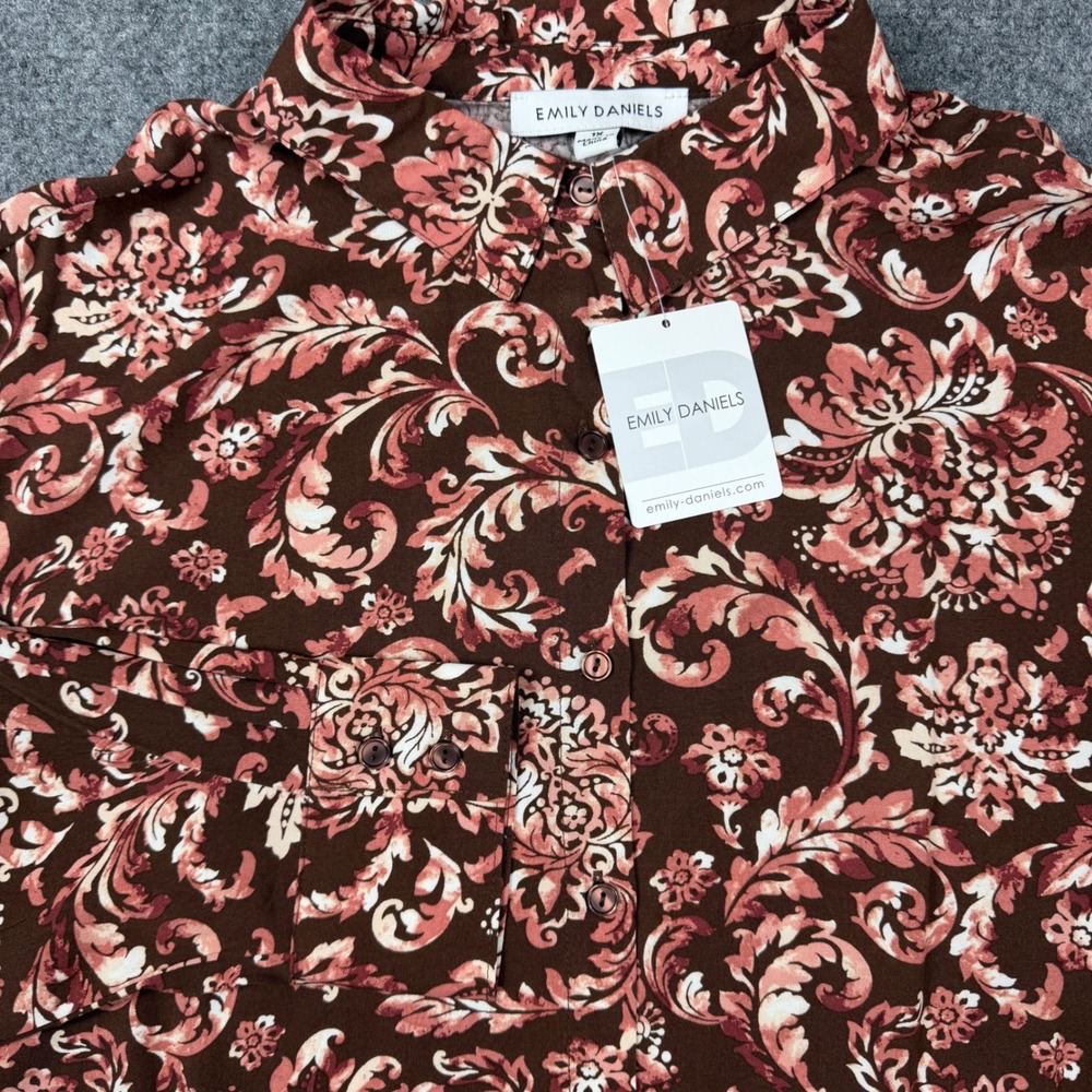 Emily Daniels Brown Jacobean Floral Button Down Shirt 1X NWT Long Sleeve Blouse